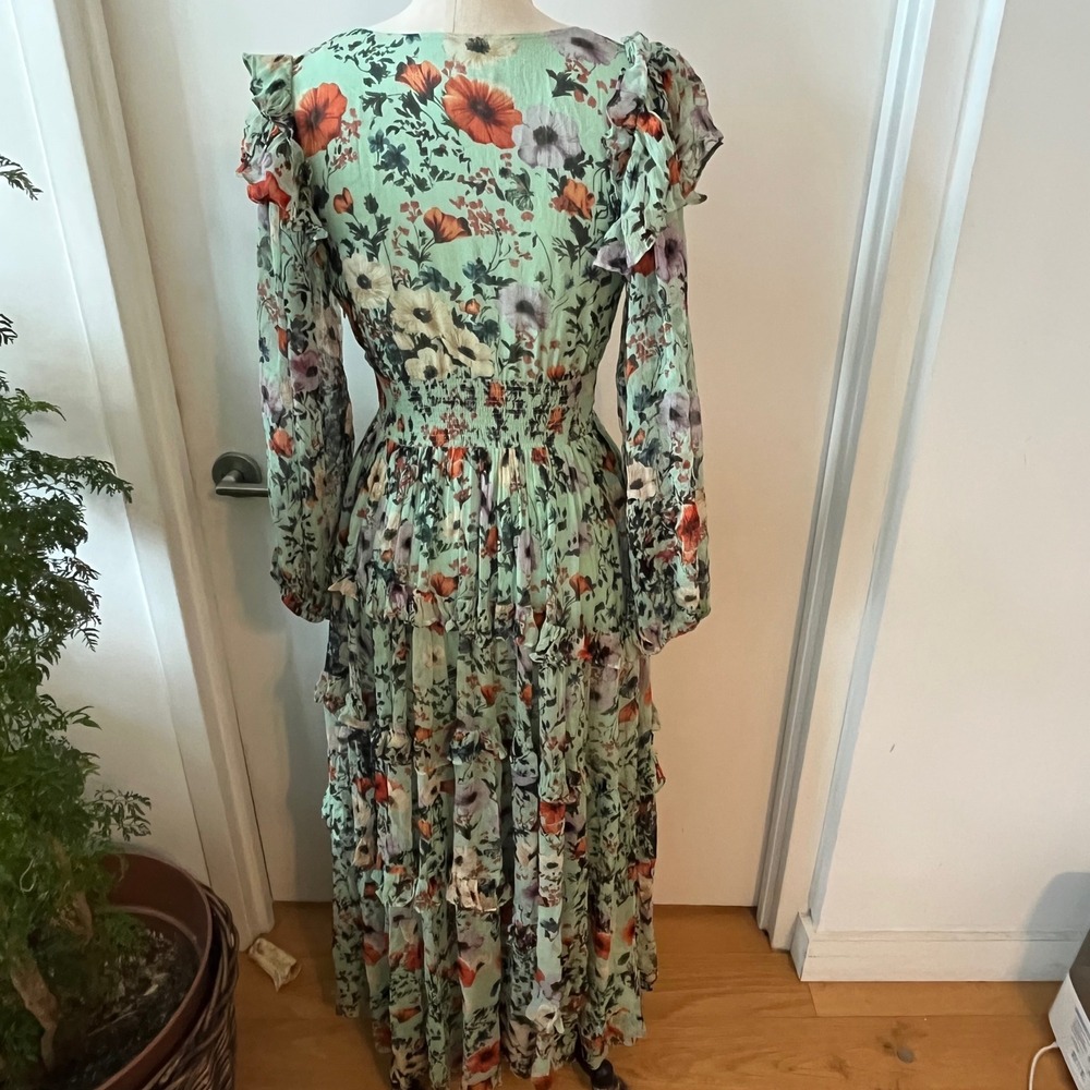 NWOT BHLDN Romantic Mint Floral Chiffon Plunge Long-Sleeve Ruffle Maxi Dress - Picture 5 of 12